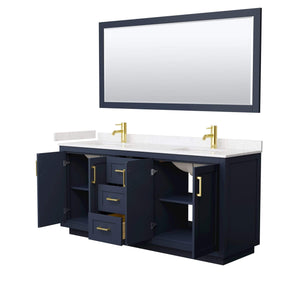 Wyndham Collection Vanity Wyndham Collection WCF292972DBLC2UNSM70 Miranda 72 Inch Double Bathroom Vanity in Dark Blue, Light-Vein Carrara Cultured Marble Countertop, Undermount Square Sinks, Brushed Gold Trim, 70 Inch Mirror