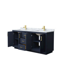 Load image into Gallery viewer, Wyndham Collection Vanity Wyndham Collection WCF292972DBLCMUNSMXX Miranda 72 Inch Double Bathroom Vanity in Dark Blue, White Carrara Marble Countertop, Undermount Square Sinks, Brushed Gold Trim