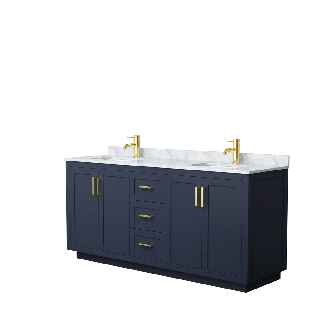 Wyndham Collection Vanity Wyndham Collection WCF292972DBLCMUNSMXX Miranda 72 Inch Double Bathroom Vanity in Dark Blue, White Carrara Marble Countertop, Undermount Square Sinks, Brushed Gold Trim