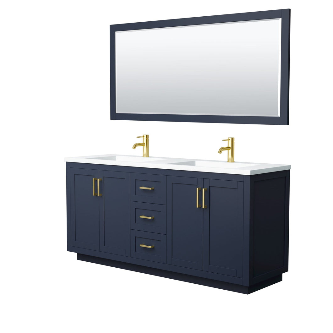 Wyndham Collection Vanity Wyndham Collection WCF292972DBLK1INTM70 Miranda 72 Inch Double Bathroom Vanity in Dark Blue, 1.25 Inch Thick Matte White Solid Surface Countertop, Integrated Sinks, Brushed Gold Trim, 70 Inch Mirror