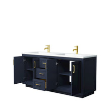 Load image into Gallery viewer, Wyndham Collection Vanity Wyndham Collection WCF292972DBLK1INTMXX Miranda 72 Inch Double Bathroom Vanity in Dark Blue, 1.25 Inch Thick Matte White Solid Surface Countertop, Integrated Sinks, Brushed Gold Trim