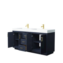 Load image into Gallery viewer, Wyndham Collection Vanity Wyndham Collection WCF292972DBLK4INTMXX Miranda 72 Inch Double Bathroom Vanity in Dark Blue, 4 Inch Thick Matte White Solid Surface Countertop, Integrated Sinks, Brushed Gold Trim