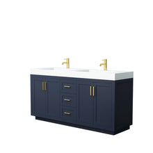 Load image into Gallery viewer, Wyndham Collection Vanity Wyndham Collection WCF292972DBLK4INTMXX Miranda 72 Inch Double Bathroom Vanity in Dark Blue, 4 Inch Thick Matte White Solid Surface Countertop, Integrated Sinks, Brushed Gold Trim