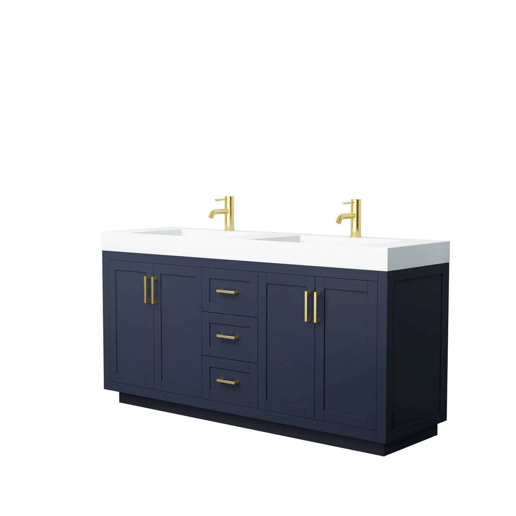 Wyndham Collection Vanity Wyndham Collection WCF292972DBLK4INTMXX Miranda 72 Inch Double Bathroom Vanity in Dark Blue, 4 Inch Thick Matte White Solid Surface Countertop, Integrated Sinks, Brushed Gold Trim