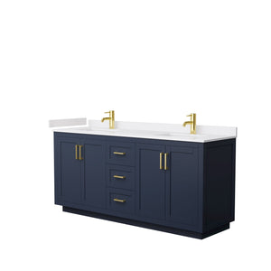 Wyndham Collection Vanity Wyndham Collection WCF292972DBLWCUNSMXX Miranda 72 Inch Double Bathroom Vanity in Dark Blue, White Cultured Marble Countertop, Undermount Square Sinks, Brushed Gold Trim