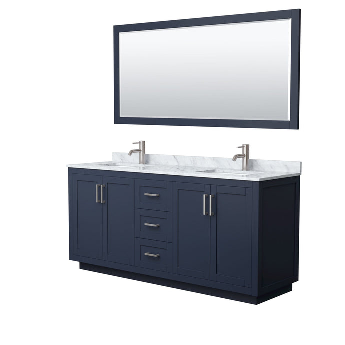 Wyndham Collection Vanity Wyndham Collection WCF292972DBNCMUNSM70 Miranda 72 Inch Double Bathroom Vanity in Dark Blue, White Carrara Marble Countertop, Undermount Square Sinks, Brushed Nickel Trim, 70 Inch Mirror
