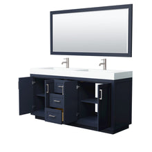 Load image into Gallery viewer, Wyndham Collection Vanity Wyndham Collection WCF292972DBNK4INTM70 Miranda 72 Inch Double Bathroom Vanity in Dark Blue, 4 Inch Thick Matte White Solid Surface Countertop, Integrated Sinks, Brushed Nickel Trim, 70 Inch Mirror