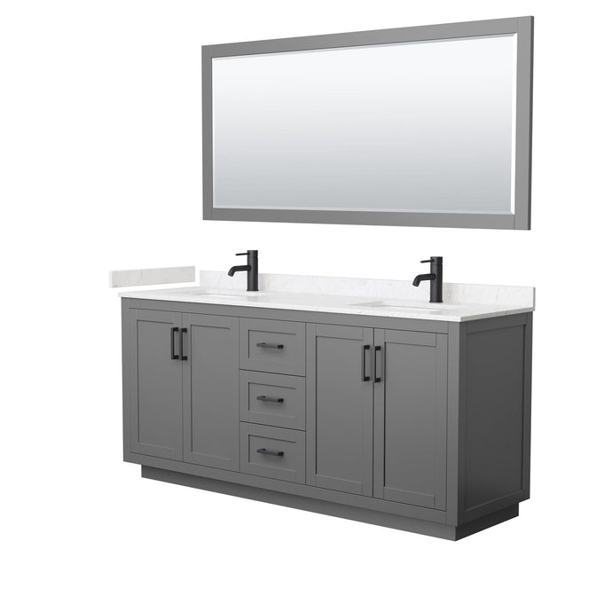 Wyndham Collection Vanity Wyndham Collection WCF292972DGBC2UNSM70 Miranda 72 Inch Double Bathroom Vanity in Dark Gray, Light-Vein Carrara Cultured Marble Countertop, Undermount Square Sinks, Matte Black Trim, 70 Inch Mirror