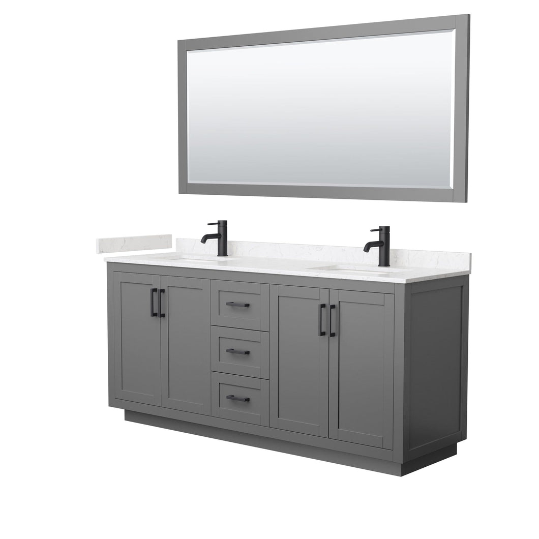 Wyndham Collection Vanity Wyndham Collection WCF292972DGBC2UNSM70 Miranda 72 Inch Double Bathroom Vanity in Dark Gray, Light-Vein Carrara Cultured Marble Countertop, Undermount Square Sinks, Matte Black Trim, 70 Inch Mirror