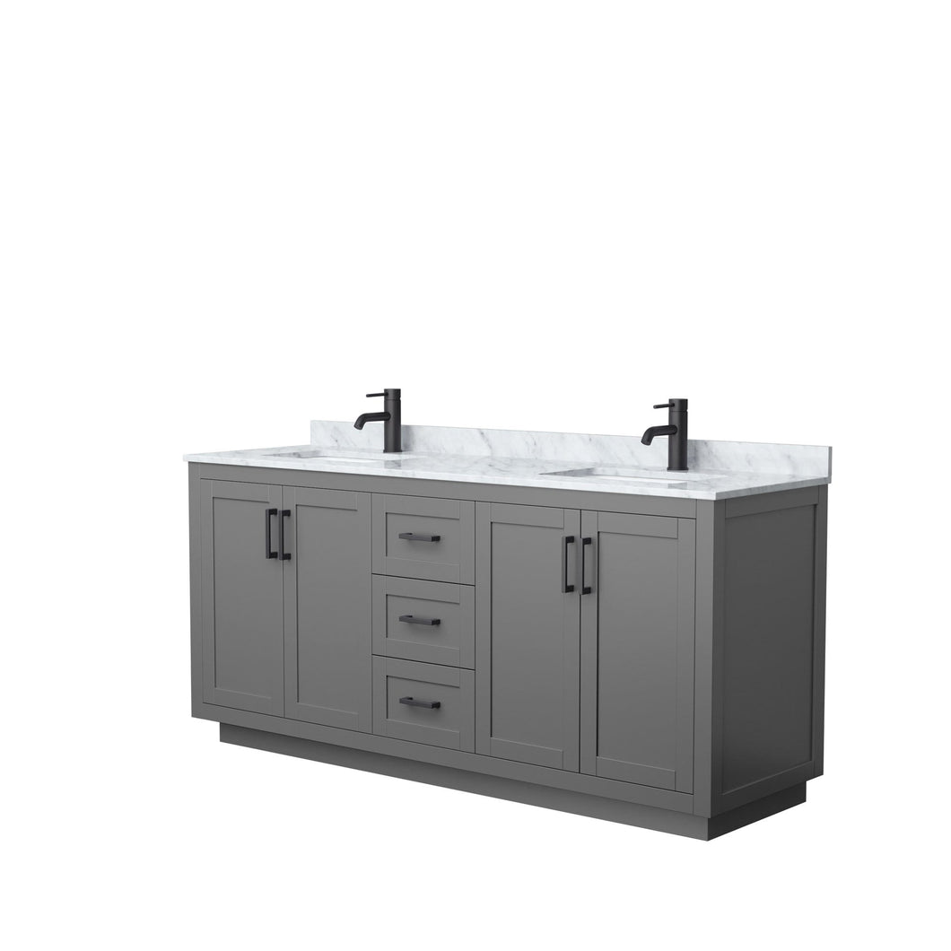 Wyndham Collection Vanity Wyndham Collection WCF292972DGBCMUNSMXX Miranda 72 Inch Double Bathroom Vanity in Dark Gray, White Carrara Marble Countertop, Undermount Square Sinks, Matte Black Trim