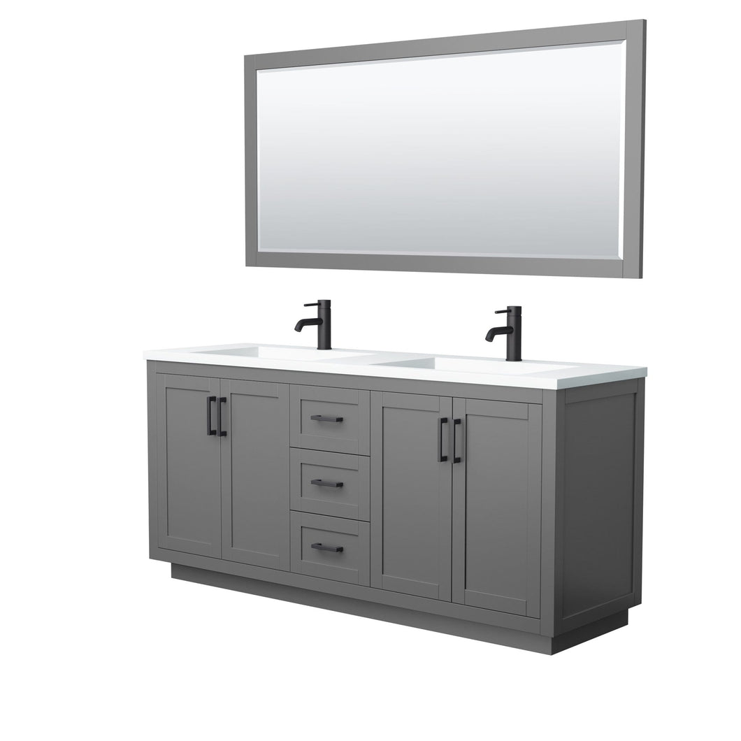 Wyndham Collection Vanity Wyndham Collection WCF292972DGBK1INTM70 Miranda 72 Inch Double Bathroom Vanity in Dark Gray, 1.25 Inch Thick Matte White Solid Surface Countertop, Integrated Sinks, Matte Black Trim, 70 Inch Mirror