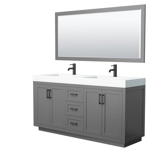 Wyndham Collection Vanity Wyndham Collection WCF292972DGBK4INTM70 Miranda 72 Inch Double Bathroom Vanity in Dark Gray, 4 Inch Thick Matte White Solid Surface Countertop, Integrated Sinks, Matte Black Trim, 70 Inch Mirror