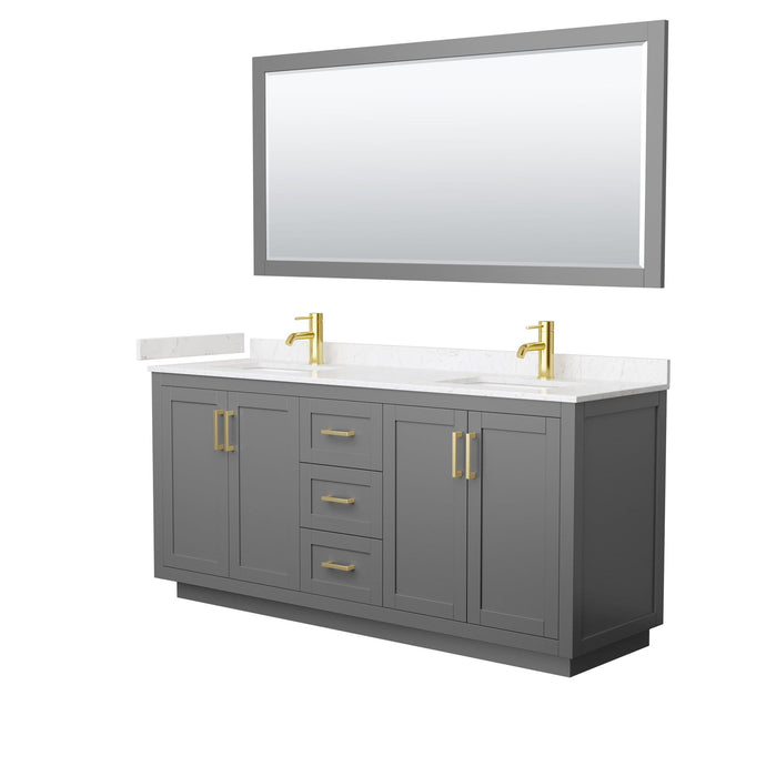 Wyndham Collection Vanity Wyndham Collection WCF292972DGGC2UNSM70 Miranda 72 Inch Double Bathroom Vanity in Dark Gray, Light-Vein Carrara Cultured Marble Countertop, Undermount Square Sinks, Brushed Gold Trim, 70 Inch Mirror