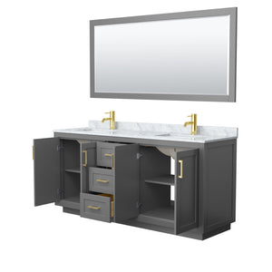 Wyndham Collection Vanity Wyndham Collection WCF292972DGGCMUNSM70 Miranda 72 Inch Double Bathroom Vanity in Dark Gray, White Carrara Marble Countertop, Undermount Square Sinks, Brushed Gold Trim, 70 Inch Mirror