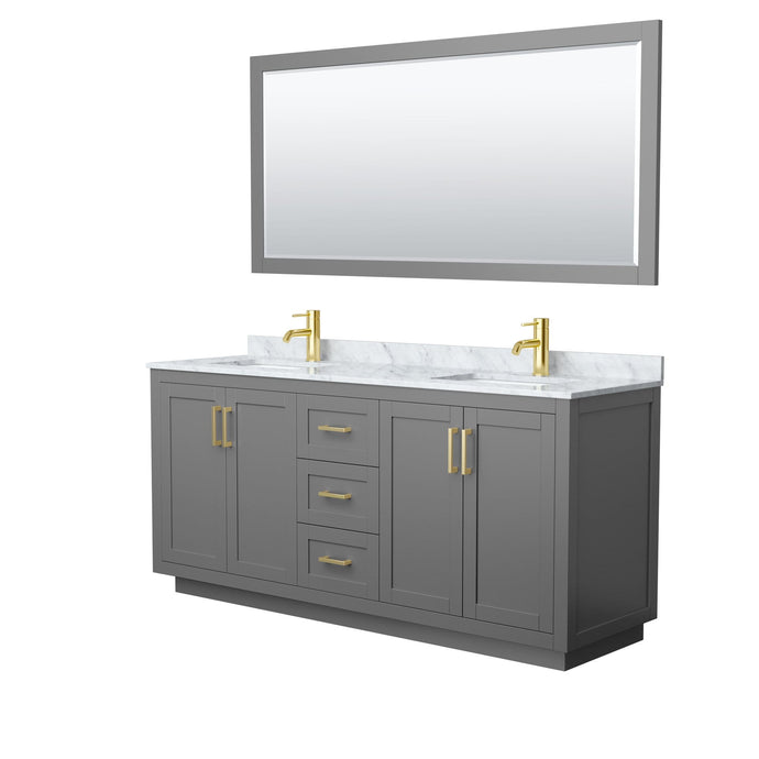 Wyndham Collection Vanity Wyndham Collection WCF292972DGGCMUNSM70 Miranda 72 Inch Double Bathroom Vanity in Dark Gray, White Carrara Marble Countertop, Undermount Square Sinks, Brushed Gold Trim, 70 Inch Mirror