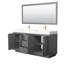Load image into Gallery viewer, Wyndham Collection Vanity Wyndham Collection WCF292972DGGK4INTM70 Miranda 72 Inch Double Bathroom Vanity in Dark Gray, 4 Inch Thick Matte White Solid Surface Countertop, Integrated Sinks, Brushed Gold Trim, 70 Inch Mirror