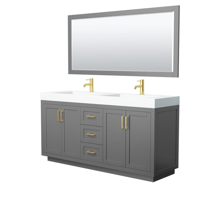 Wyndham Collection Vanity Wyndham Collection WCF292972DGGK4INTM70 Miranda 72 Inch Double Bathroom Vanity in Dark Gray, 4 Inch Thick Matte White Solid Surface Countertop, Integrated Sinks, Brushed Gold Trim, 70 Inch Mirror