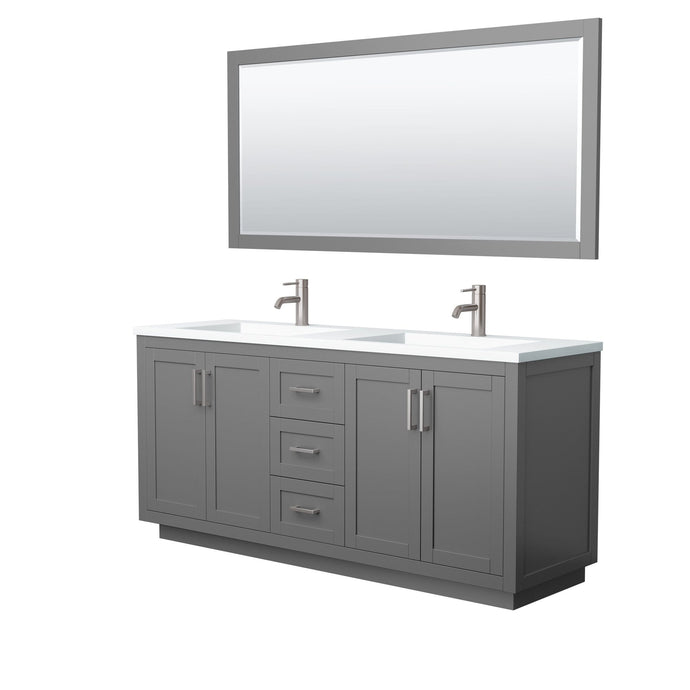 Wyndham Collection Vanity Wyndham Collection WCF292972DKGK1INTM70 Miranda 72 Inch Double Bathroom Vanity in Dark Gray, 1.25 Inch Thick Matte White Solid Surface Countertop, Integrated Sinks, Brushed Nickel Trim, 70 Inch Mirror
