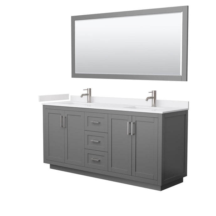 Wyndham Collection WCF292972DKGWCUNSM70 Miranda 72 Inch Double Bathroom Vanity in Dark Gray, White Cultured Marble Countertop, Undermount Square Sinks, Brushed Nickel Trim, 70 Inch Mirror