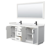 Load image into Gallery viewer, Wyndham Collection Vanity Wyndham Collection WCF292972DWBC2UNSM70 Miranda 72 Inch Double Bathroom Vanity in White, Light-Vein Carrara Cultured Marble Countertop, Undermount Square Sinks, Matte Black Trim, 70 Inch Mirror