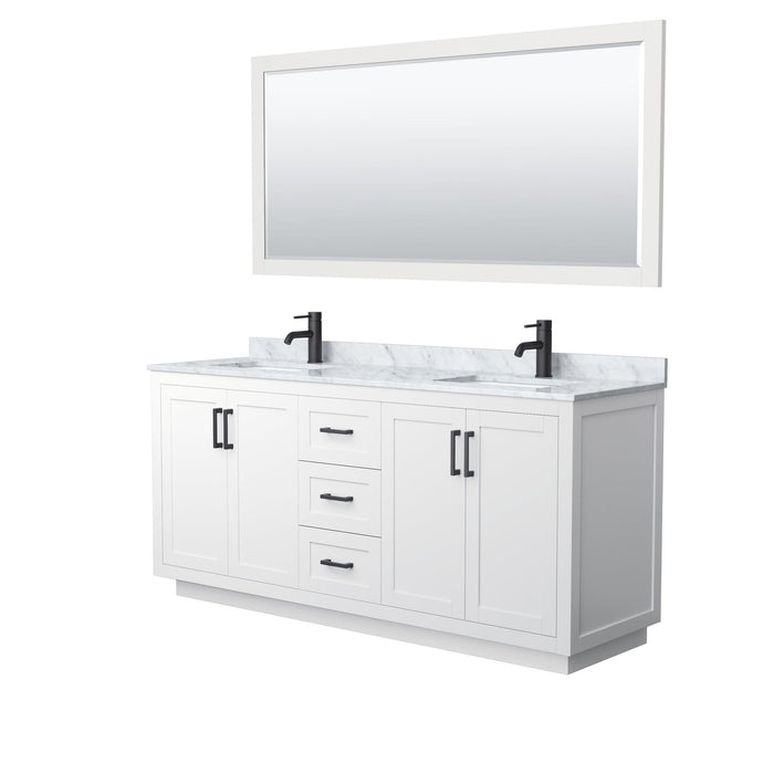 Wyndham Collection Vanity Wyndham Collection WCF292972DWBCMUNSM70 Miranda 72 Inch Double Bathroom Vanity in White, White Carrara Marble Countertop, Undermount Square Sinks, Matte Black Trim, 70 Inch Mirror