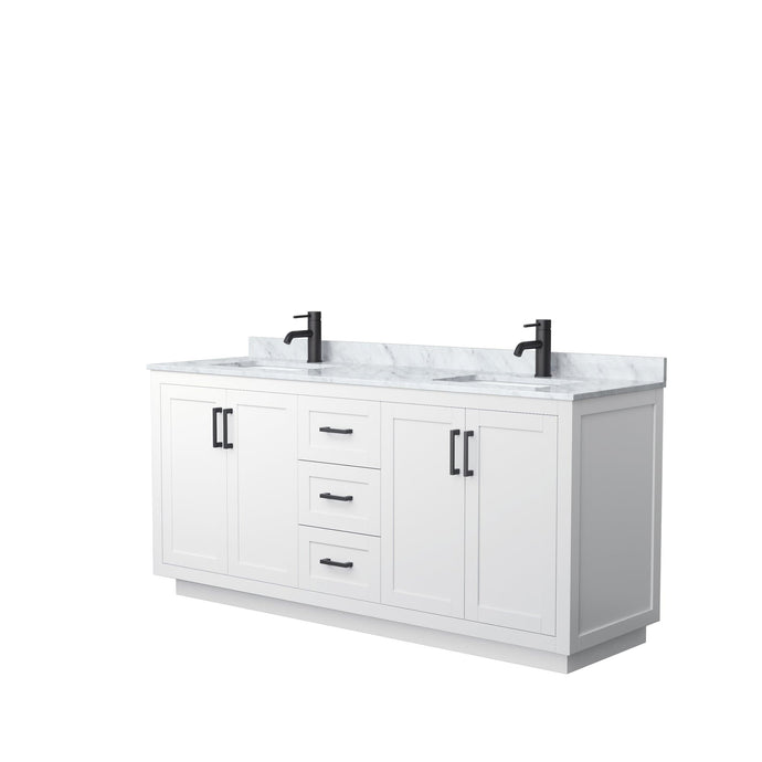 Wyndham Collection Vanity Wyndham Collection WCF292972DWBCMUNSMXX Miranda 72 Inch Double Bathroom Vanity in White, White Carrara Marble Countertop, Undermount Square Sinks, Matte Black Trim