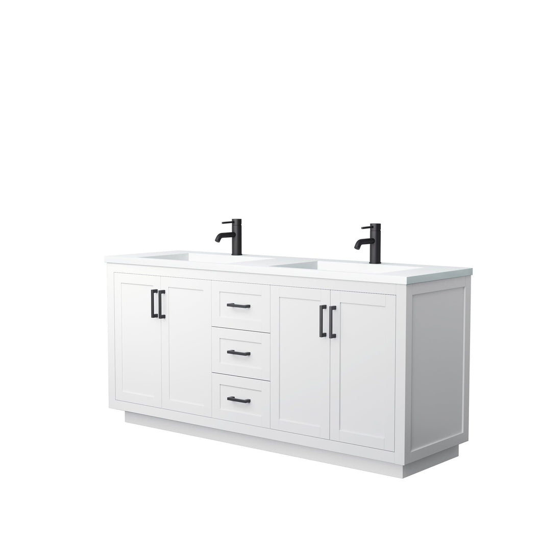 Wyndham Collection Vanity Wyndham Collection WCF292972DWBK1INTMXX Miranda 72 Inch Double Bathroom Vanity in White, 1.25 Inch Thick Matte White Solid Surface Countertop, Integrated Sinks, Matte Black Trim