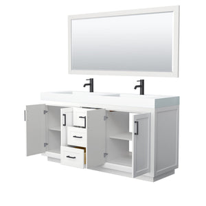 Wyndham Collection Vanity Wyndham Collection WCF292972DWBK4INTM70 Miranda 72 Inch Double Bathroom Vanity in White, 4 Inch Thick Matte White Solid Surface Countertop, Integrated Sinks, Matte Black Trim, 70 Inch Mirror