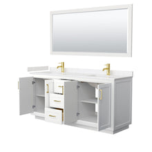 Load image into Gallery viewer, Wyndham Collection Vanity Wyndham Collection WCF292972DWGC2UNSM70 Miranda 72 Inch Double Bathroom Vanity in White, Light-Vein Carrara Cultured Marble Countertop, Undermount Square Sinks, Brushed Gold Trim, 70 Inch Mirror