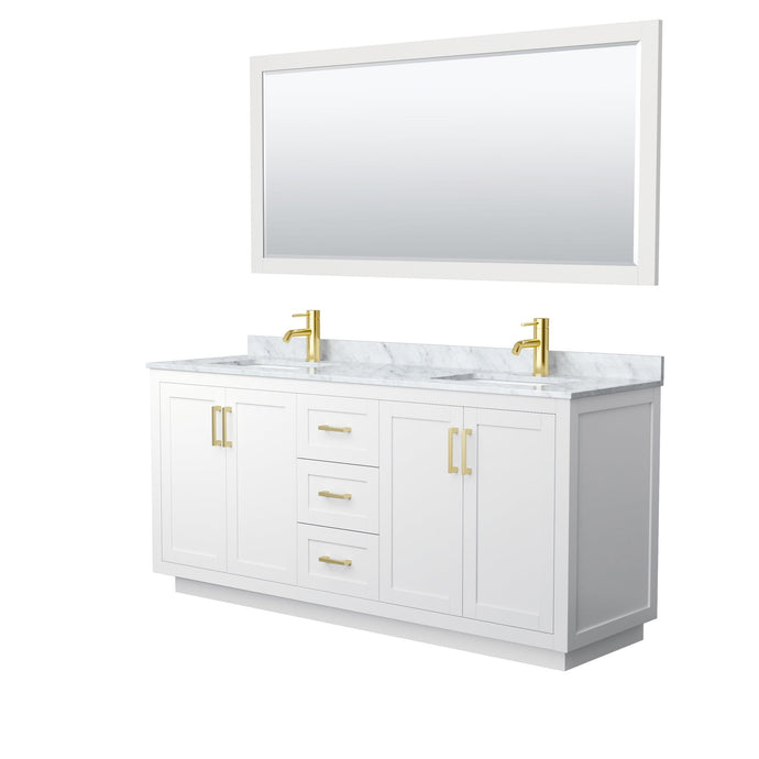 Wyndham Collection Vanity Wyndham Collection WCF292972DWGCMUNSM70 Miranda 72 Inch Double Bathroom Vanity in White, White Carrara Marble Countertop, Undermount Square Sinks, Brushed Gold Trim, 70 Inch Mirror