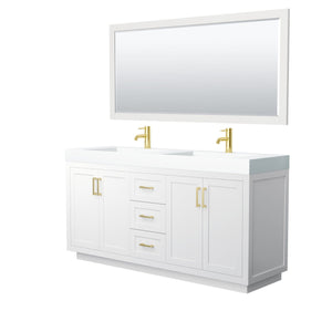 Wyndham Collection Vanity Wyndham Collection WCF292972DWGK4INTM70 Miranda 72 Inch Double Bathroom Vanity in White, 4 Inch Thick Matte White Solid Surface Countertop, Integrated Sinks, Brushed Gold Trim, 70 Inch Mirror