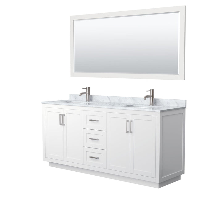 Wyndham Collection Vanity Wyndham Collection WCF292972DWHCMUNSM70 Miranda 72 Inch Double Bathroom Vanity in White, White Carrara Marble Countertop, Undermount Square Sinks, Brushed Nickel Trim, 70 Inch Mirror