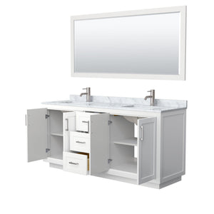 Wyndham Collection Vanity Wyndham Collection WCF292972DWHCMUNSM70 Miranda 72 Inch Double Bathroom Vanity in White, White Carrara Marble Countertop, Undermount Square Sinks, Brushed Nickel Trim, 70 Inch Mirror