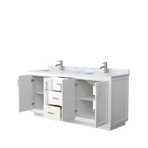 Wyndham Collection Vanity Wyndham Collection WCF292972DWHCMUNSMXX Miranda 72 Inch Double Bathroom Vanity in White, White Carrara Marble Countertop, Undermount Square Sinks, Brushed Nickel Trim