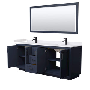Wyndham Collection Vanity Wyndham Collection WCF292980DBBWCUNSM70 Miranda 80 Inch Double Bathroom Vanity in Dark Blue, White Cultured Marble Countertop, Undermount Square Sinks, Matte Black Trim, 70 Inch Mirror