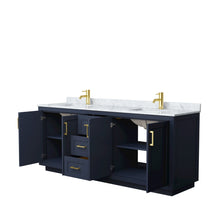 Load image into Gallery viewer, Wyndham Collection Vanity Wyndham Collection WCF292980DBLCMUNSMXX Miranda 80 Inch Double Bathroom Vanity in Dark Blue, White Carrara Marble Countertop, Undermount Square Sinks, Brushed Gold Trim