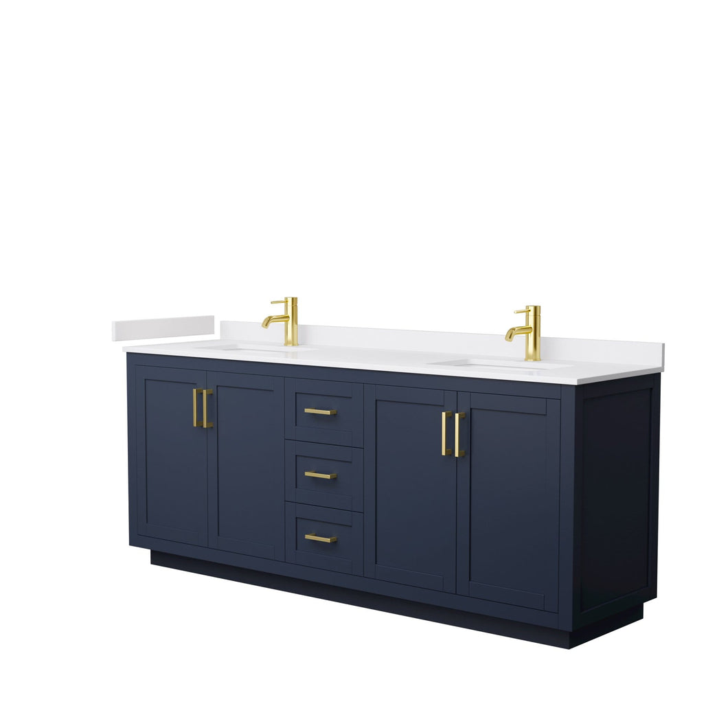 Wyndham Collection Vanity Wyndham Collection WCF292980DBLWCUNSMXX Miranda 80 Inch Double Bathroom Vanity in Dark Blue, White Cultured Marble Countertop, Undermount Square Sinks, Brushed Gold Trim