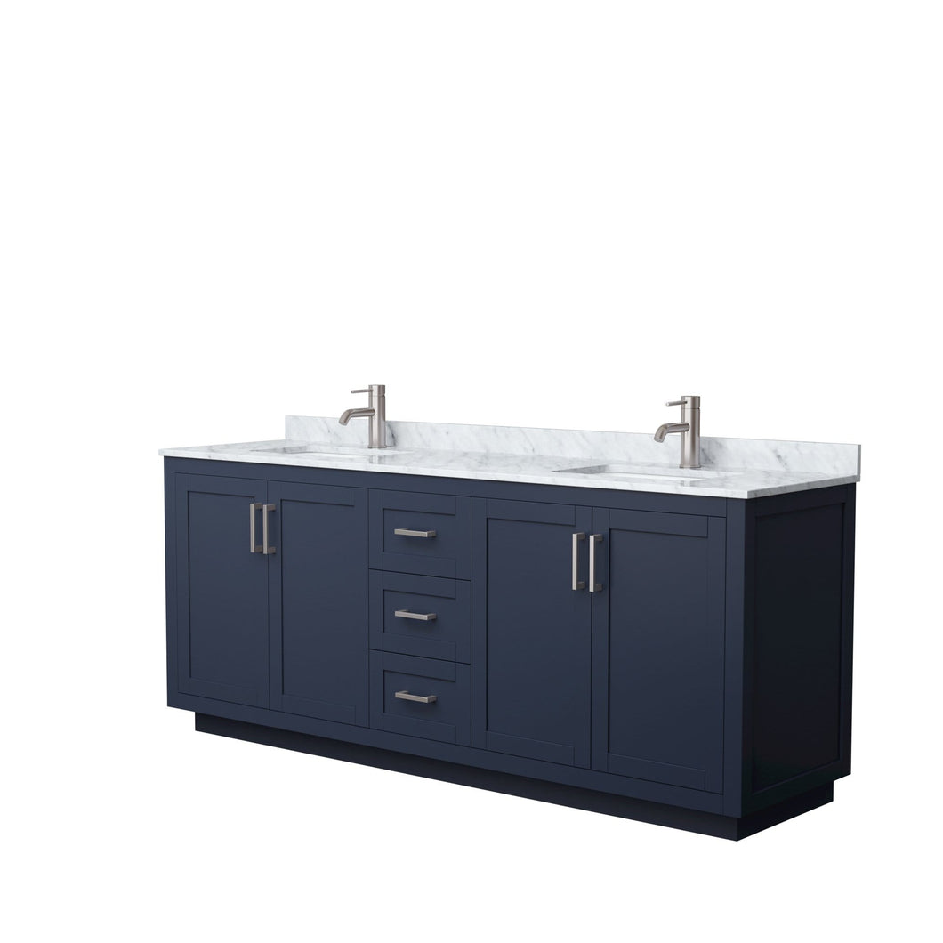 Wyndham Collection Vanity Wyndham Collection WCF292980DBNCMUNSMXX Miranda 80 Inch Double Bathroom Vanity in Dark Blue, White Carrara Marble Countertop, Undermount Square Sinks, Brushed Nickel Trim