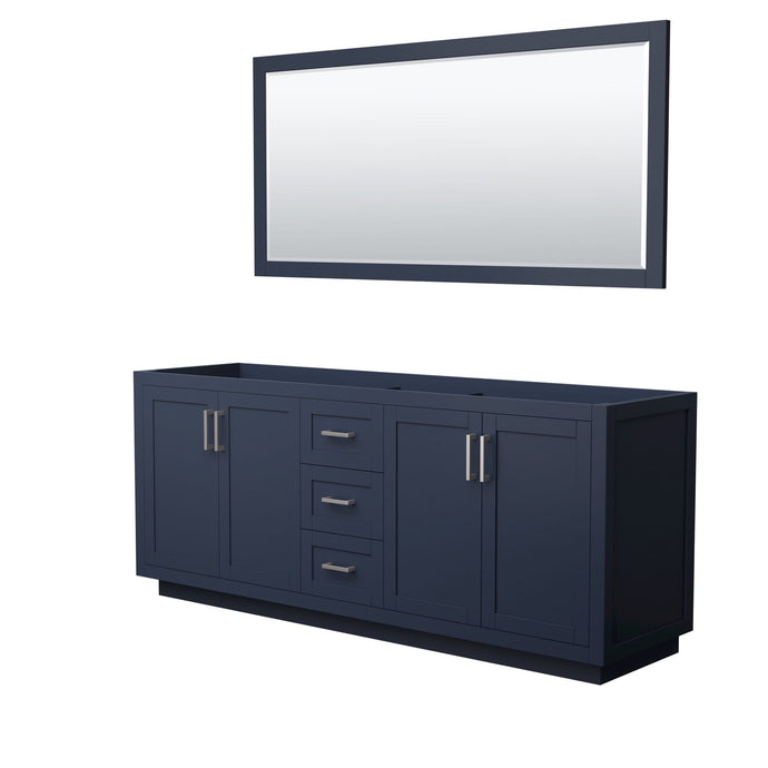 Wyndham Collection Vanity Wyndham Collection WCF292980DBNCXSXXM70 Miranda 80 Inch Double Bathroom Vanity in Dark Blue, No Countertop, No Sink, Brushed Nickel Trim, 70 Inch Mirror