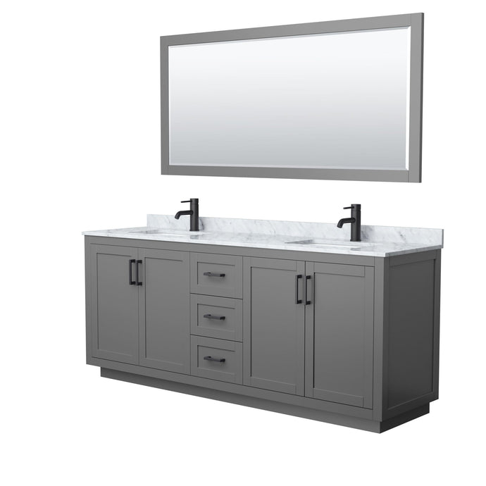 Wyndham Collection Vanity Wyndham Collection WCF292980DGBCMUNSM70 Miranda 80 Inch Double Bathroom Vanity in Dark Gray, White Carrara Marble Countertop, Undermount Square Sinks, Matte Black Trim, 70 Inch Mirror