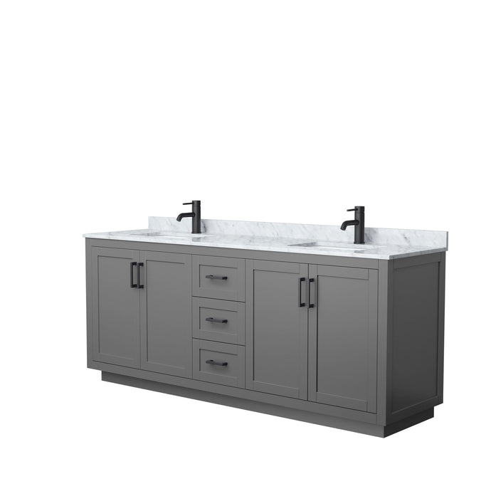 Wyndham Collection Vanity Wyndham Collection WCF292980DGBCMUNSMXX Miranda 80 Inch Double Bathroom Vanity in Dark Gray, White Carrara Marble Countertop, Undermount Square Sinks, Matte Black Trim