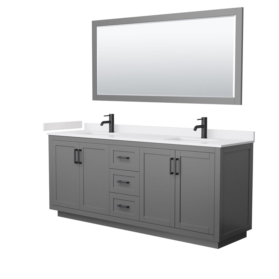 Wyndham Collection Vanity Wyndham Collection WCF292980DGBWCUNSM70 Miranda 80 Inch Double Bathroom Vanity in Dark Gray, White Cultured Marble Countertop, Undermount Square Sinks, Matte Black Trim, 70 Inch Mirror