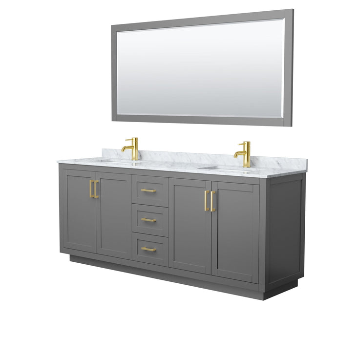 Wyndham Collection Vanity Wyndham Collection WCF292980DGGCMUNSM70 Miranda 80 Inch Double Bathroom Vanity in Dark Gray, White Carrara Marble Countertop, Undermount Square Sinks, Brushed Gold Trim, 70 Inch Mirror