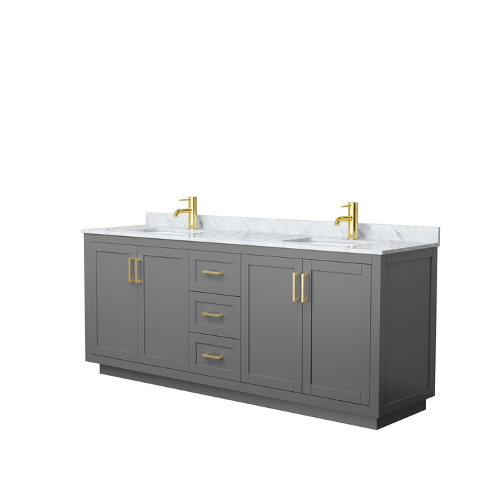 Wyndham Collection Vanity Wyndham Collection WCF292980DGGCMUNSMXX Miranda 80 Inch Double Bathroom Vanity in Dark Gray, White Carrara Marble Countertop, Undermount Square Sinks, Brushed Gold Trim