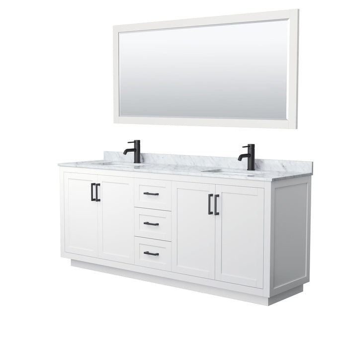 Wyndham Collection Vanity Wyndham Collection WCF292980DWBCMUNSM70 Miranda 80 Inch Double Bathroom Vanity in White, White Carrara Marble Countertop, Undermount Square Sinks, Matte Black Trim, 70 Inch Mirror