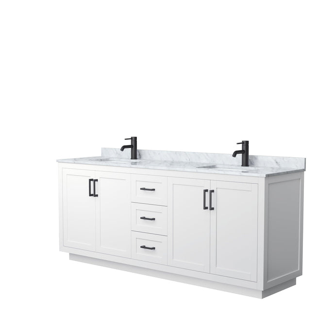 Wyndham Collection Vanity Wyndham Collection WCF292980DWBCMUNSMXX Miranda 80 Inch Double Bathroom Vanity in White, White Carrara Marble Countertop, Undermount Square Sinks, Matte Black Trim