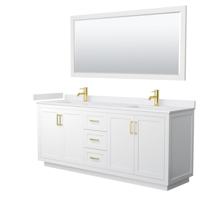 Wyndham Collection Vanity Wyndham Collection WCF292980DWGWCUNSM70 Miranda 80 Inch Double Bathroom Vanity in White, White Cultured Marble Countertop, Undermount Square Sinks, Brushed Gold Trim, 70 Inch Mirror