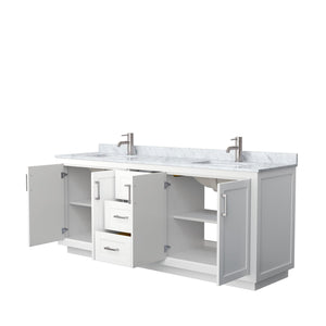 Wyndham Collection Vanity Wyndham Collection WCF292980DWHCMUNSMXX Miranda 80 Inch Double Bathroom Vanity in White, White Carrara Marble Countertop, Undermount Square Sinks, Brushed Nickel Trim