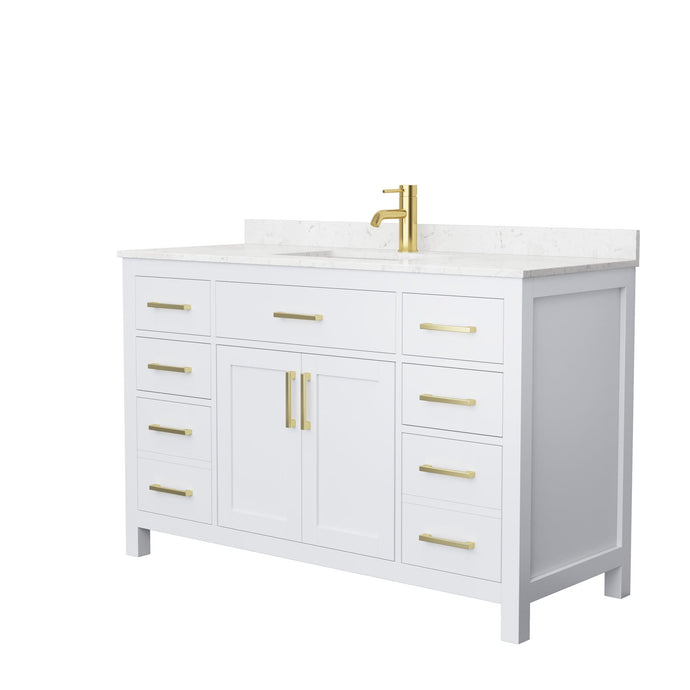 Wyndham Collection Vanity Wyndham Collection WCG242454SWGCCUNSMXX Beckett 54 Inch Single Bathroom Vanity in White, Carrara Cultured Marble Countertop, Undermount Square Sink, Brushed Gold Trim
