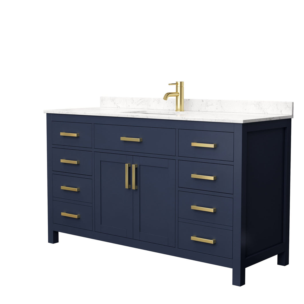 Wyndham Collection Vanity Wyndham Collection WCG242460SBLCCUNSMXX Beckett 60 Inch Single Bathroom Vanity in Dark Blue, Carrara Cultured Marble Countertop, Undermount Square Sink, No Mirror